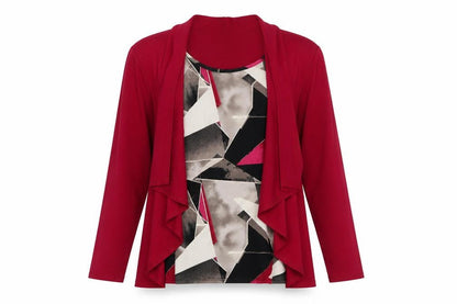 Front view of Saloos women’s pink geometric viscose basic blouse, size UK 14, scoop neck