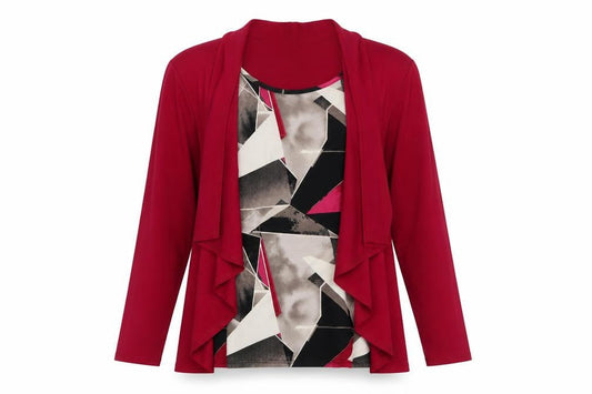 Front view of Saloos women’s pink geometric viscose basic blouse, size UK 14, scoop neck