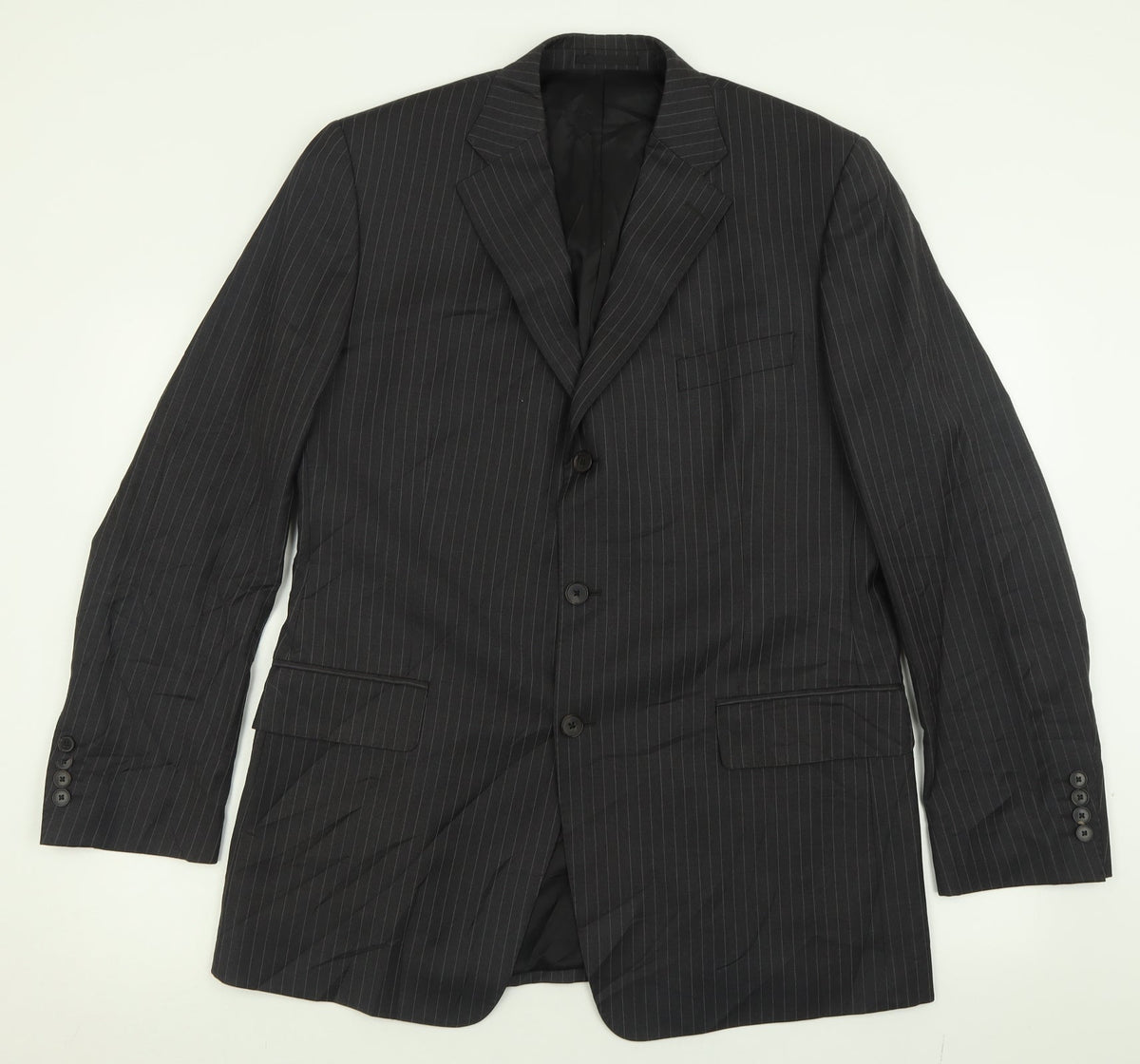 Additional front view of jaegar men’s grey striped wool jacket suit jacket, size 42