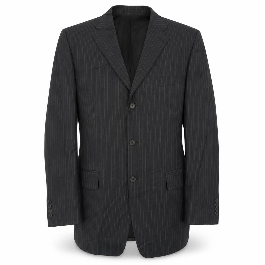 Front view of jaegar men’s grey striped wool jacket suit jacket, size 42