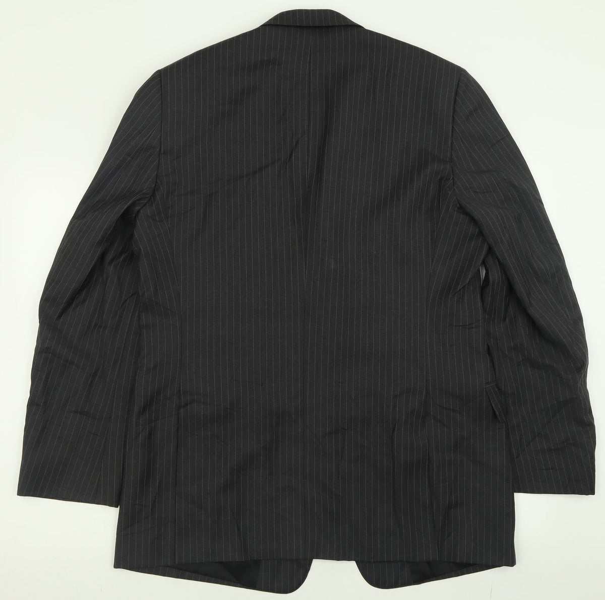 Back view of jaegar men’s grey striped wool jacket suit jacket, size 42