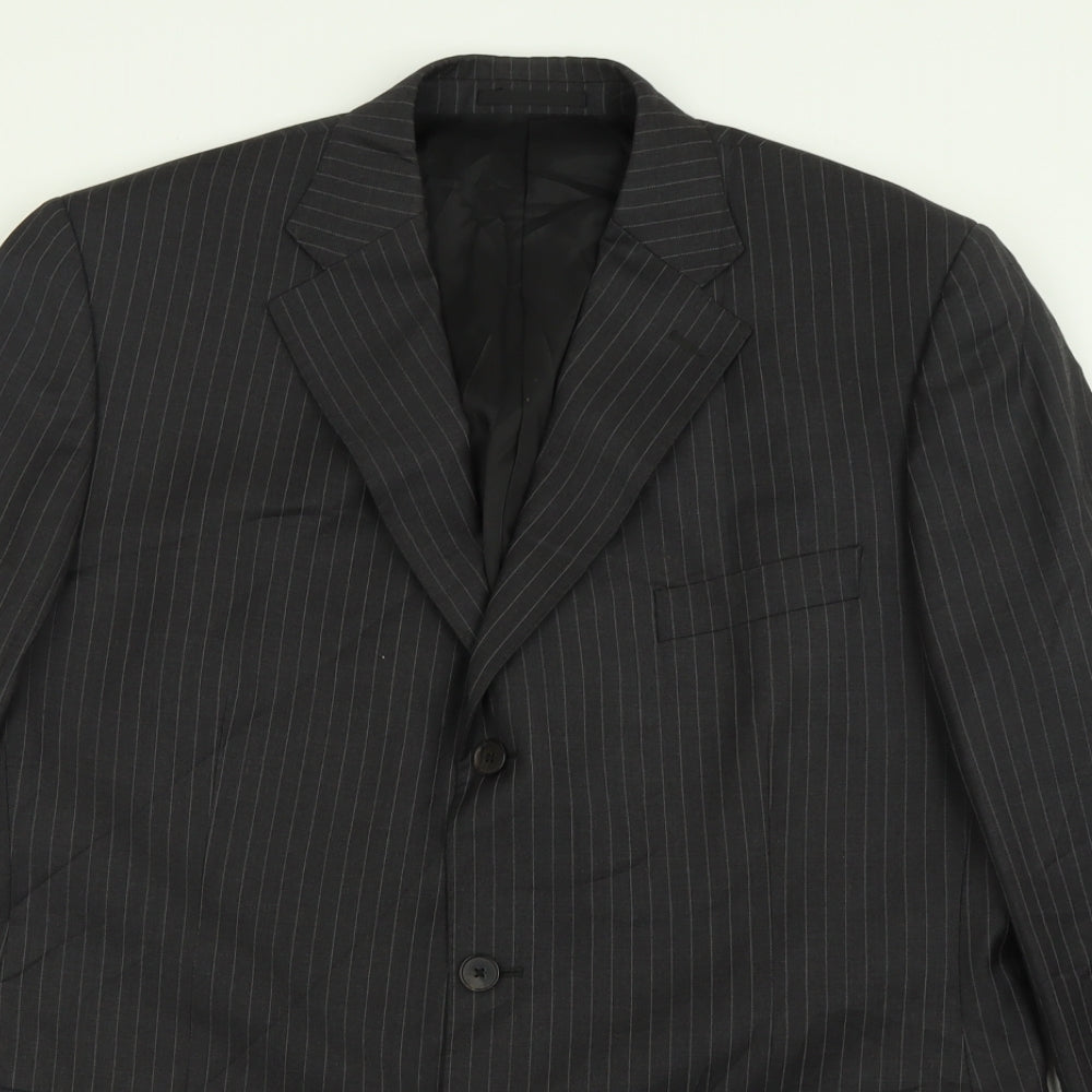 Close-up detail of jaegar men’s grey striped wool jacket suit jacket, size 42