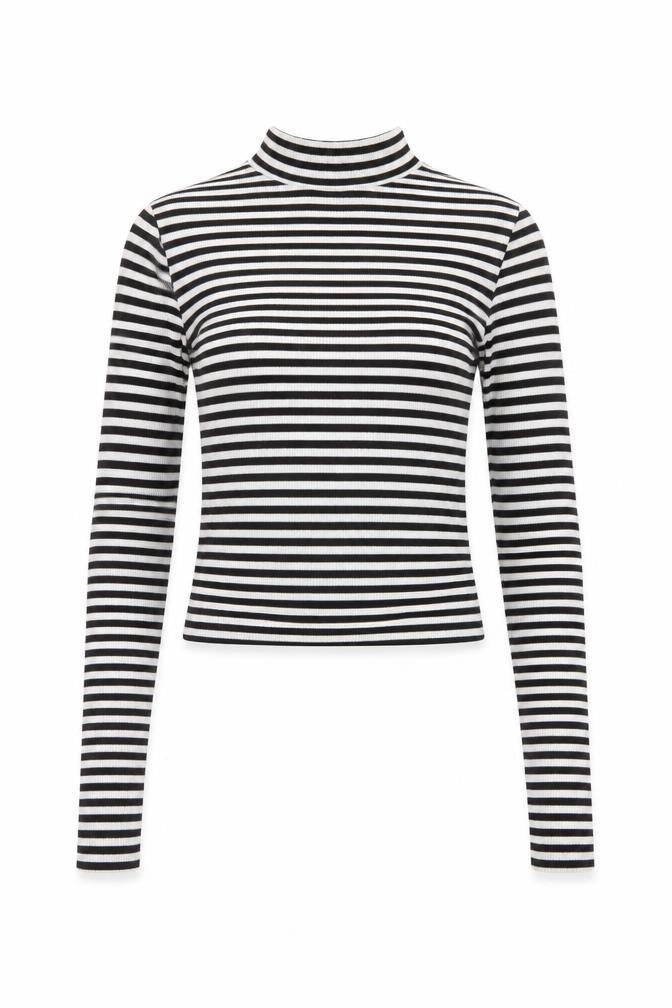 Front view of Divided women’s black striped polyester cropped t-shirt, size XS, mock neck