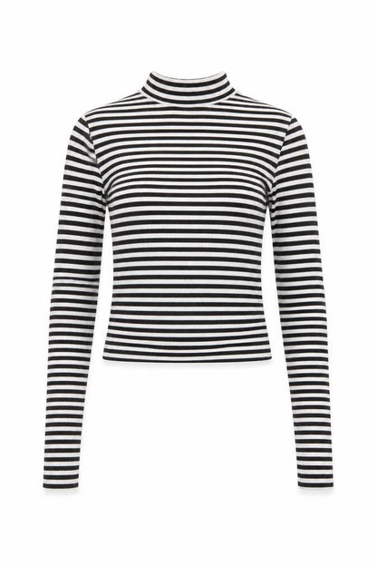 Front view of Divided women’s black striped polyester cropped t-shirt, size XS, mock neck