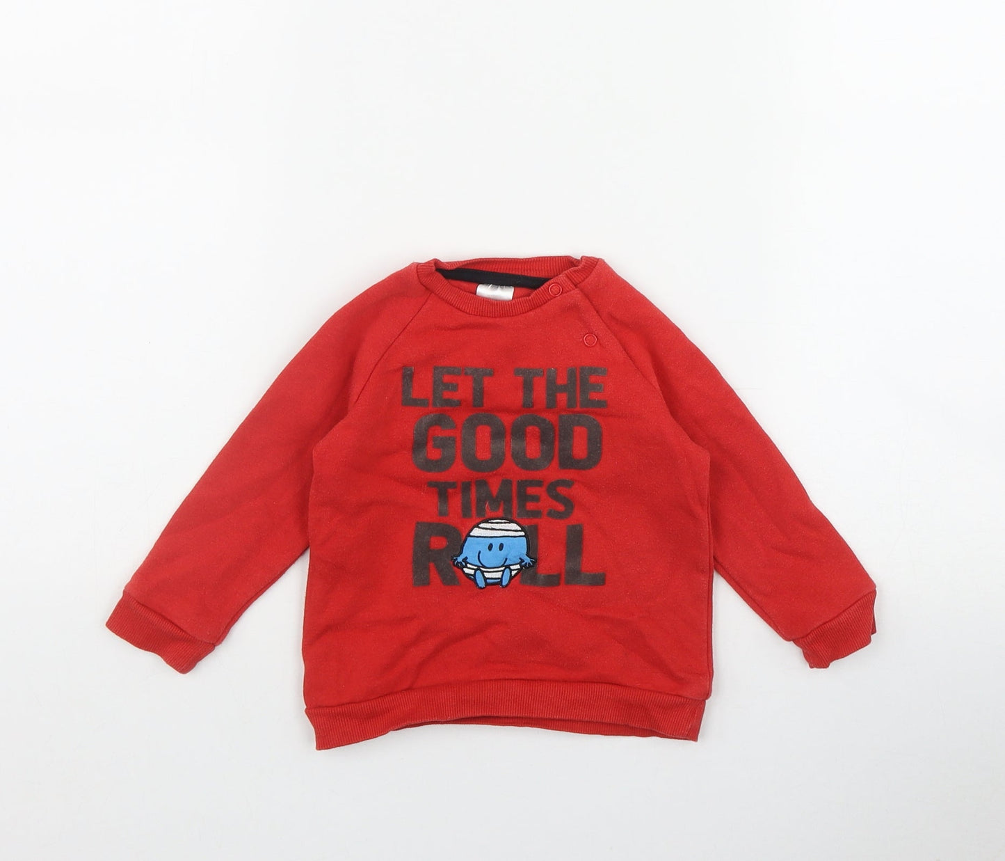 F&F Boys Red  Cotton Pullover Jumper Size 6-9 Months  Snap - 'Let the good times roll'