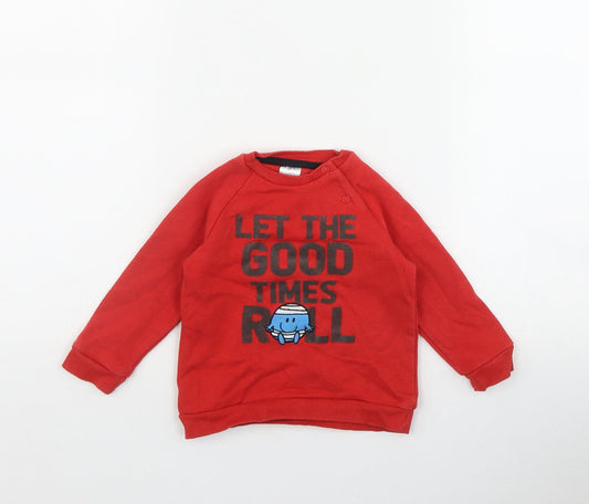 F&F Boys Red  Cotton Pullover Jumper Size 6-9 Months  Snap - 'Let the good times roll'