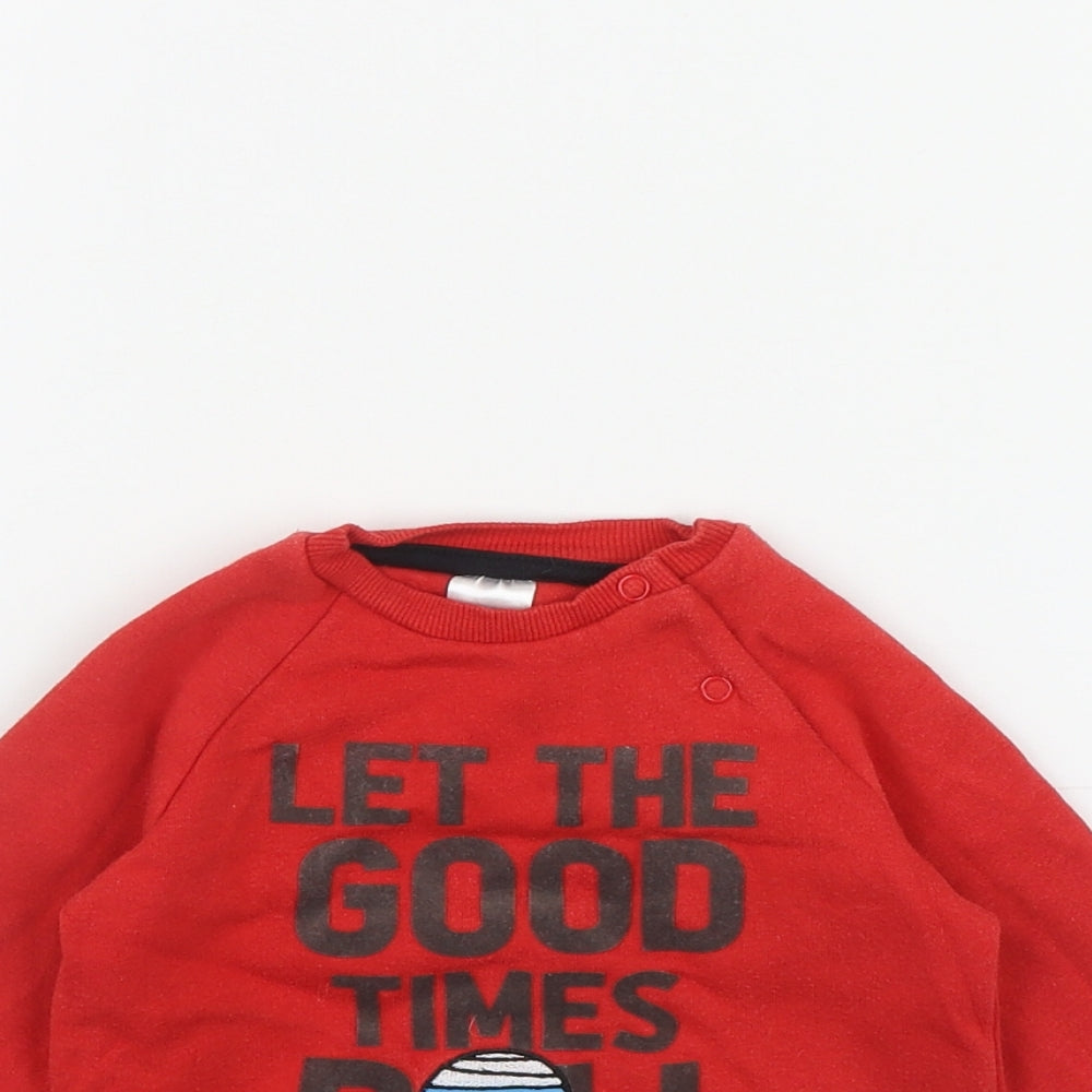 F&F Boys Red  Cotton Pullover Jumper Size 6-9 Months  Snap - 'Let the good times roll'