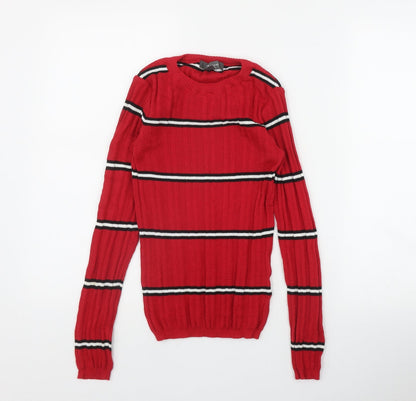 Primark Womens Red Round Neck Striped Polyester Pullover Jumper Size 4