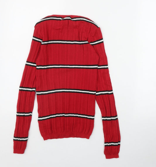 Primark Womens Red Round Neck Striped Polyester Pullover Jumper Size 4