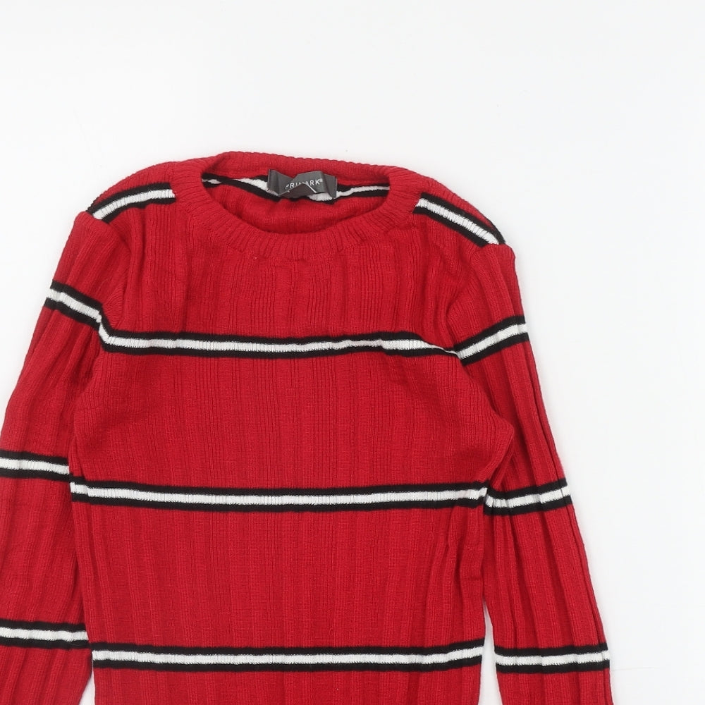 Primark Womens Red Round Neck Striped Polyester Pullover Jumper Size 4