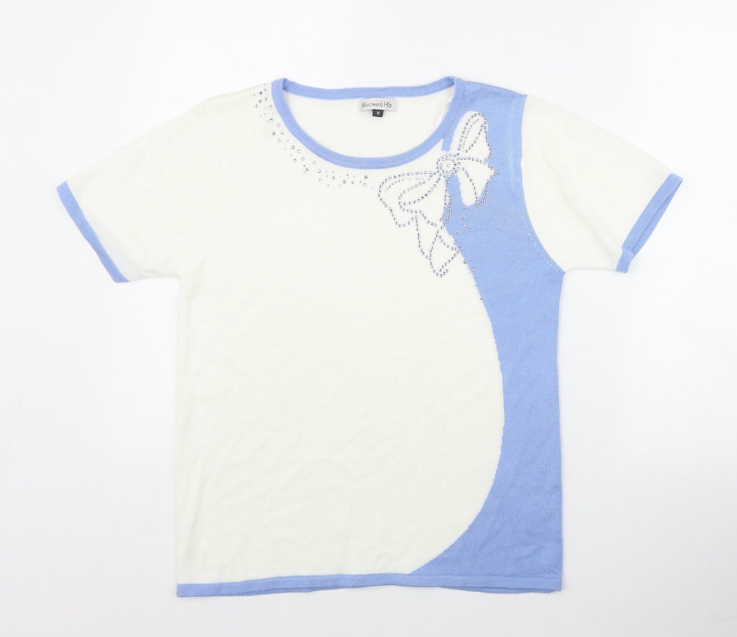 Westwood Ho Womens Ivory  Acrylic Basic T-Shirt Size M Round Neck - Bow