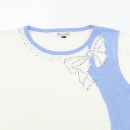 Westwood Ho Womens Ivory  Acrylic Basic T-Shirt Size M Round Neck - Bow