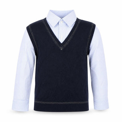 Front view of Next boys’ blue collared striped cotton jumper, size 5, years pullover - jumper with shirt