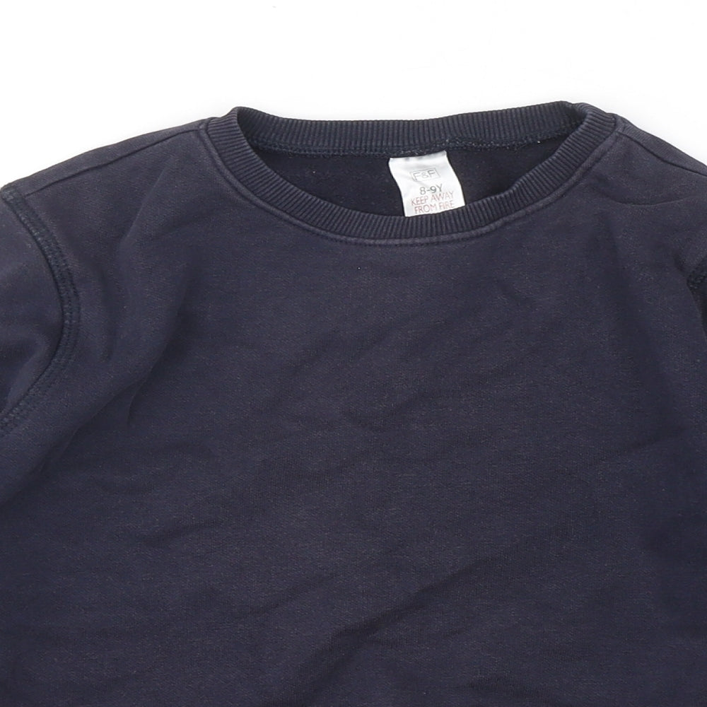 Close-up detail of F&F boys’ blue cotton pullover sweatshirt, size 8-9, years pullover