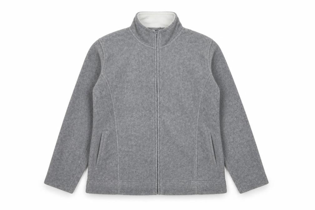 Front view of Isle women’s grey 100% polyester full zip sweatshirt, size L, zip