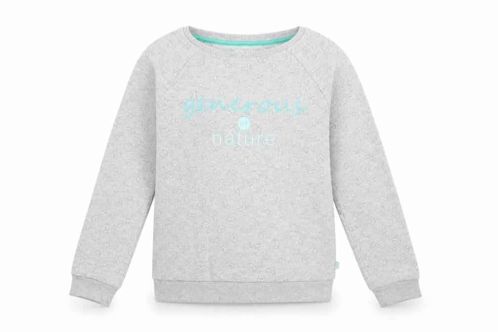 Front view of Okaidi girls’ grey geometric cotton pullover sweatshirt, size 10, years