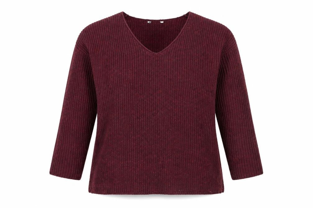 Front view of Pep&Co women’s purple v-neck acrylic jumper, size UK 14