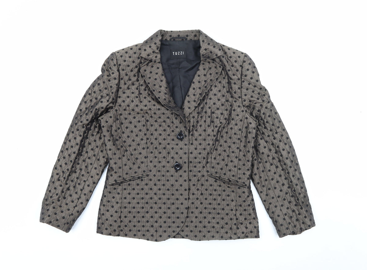 Front view of TUZZI women’s brown polka dot acrylic jacket blazer, size UK 14