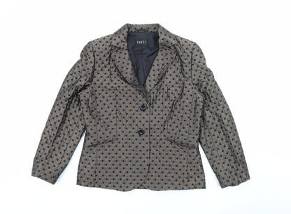 Front view of TUZZI women’s brown polka dot acrylic jacket blazer, size UK 14