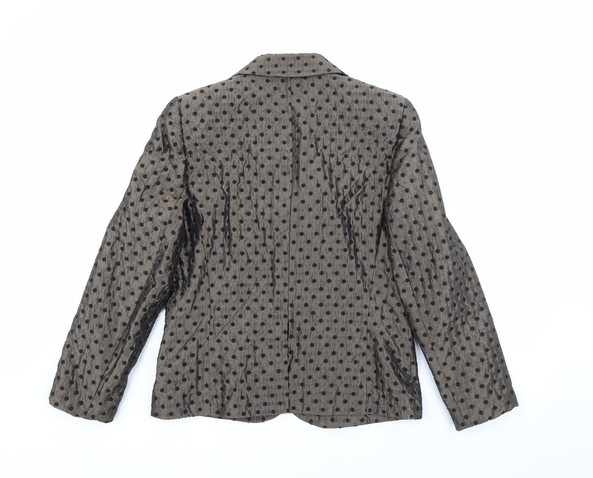 Back view of TUZZI women’s brown polka dot acrylic jacket blazer, size UK 14