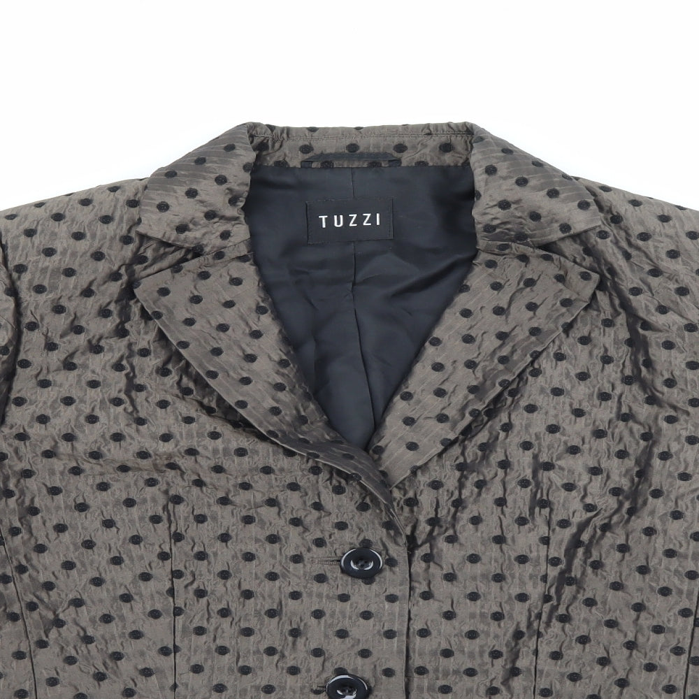 Close-up detail of TUZZI women’s brown polka dot acrylic jacket blazer, size UK 14