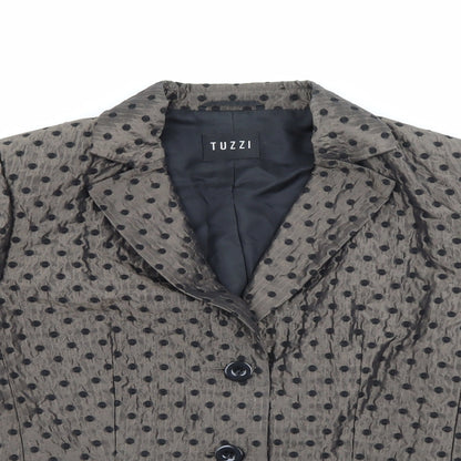 Close-up detail of TUZZI women’s brown polka dot acrylic jacket blazer, size UK 14