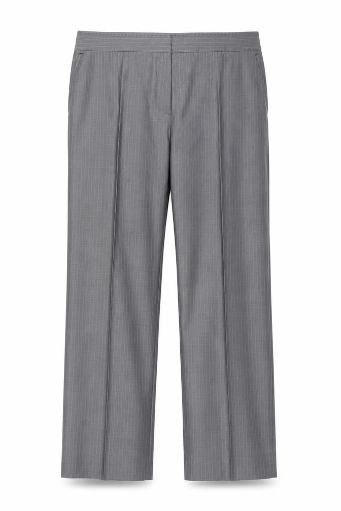 Front view of Gerard Darel women’s grey striped polyester trousers, size UK 14, 26-inch leg regular zip