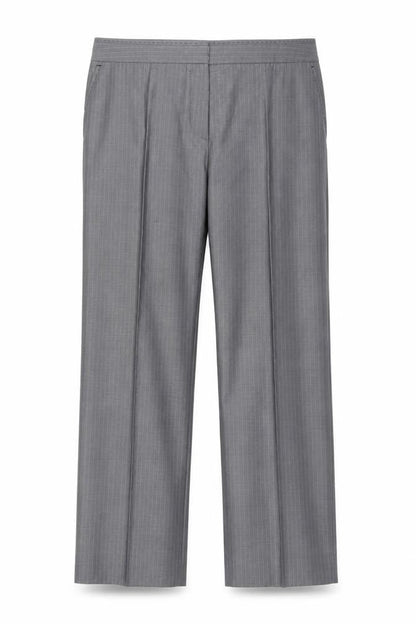 Front view of Gerard Darel women’s grey striped polyester trousers, size UK 14, 26-inch leg regular zip