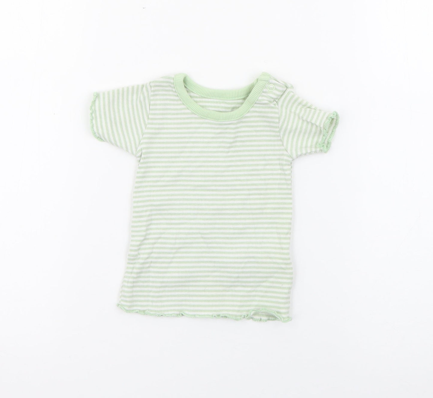 Marks and Spencer Baby Green Striped Cotton Pullover T-Shirt Size 0-3 Months Crew Neck Snap