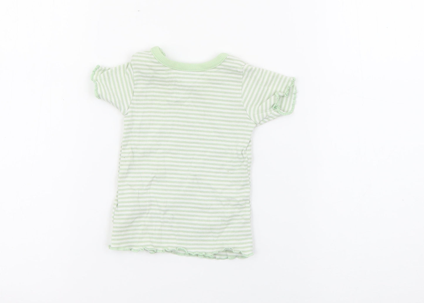 Marks and Spencer Baby Green Striped Cotton Pullover T-Shirt Size 0-3 Months Crew Neck Snap