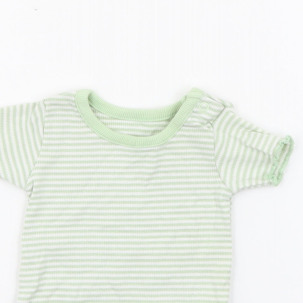 Marks and Spencer Baby Green Striped Cotton Pullover T-Shirt Size 0-3 Months Crew Neck Snap
