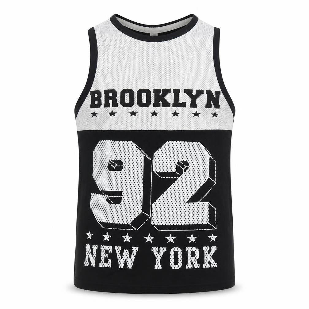 Front view of URB boys’ black cotton basic tank, size 7-8, years scoop neck pullover