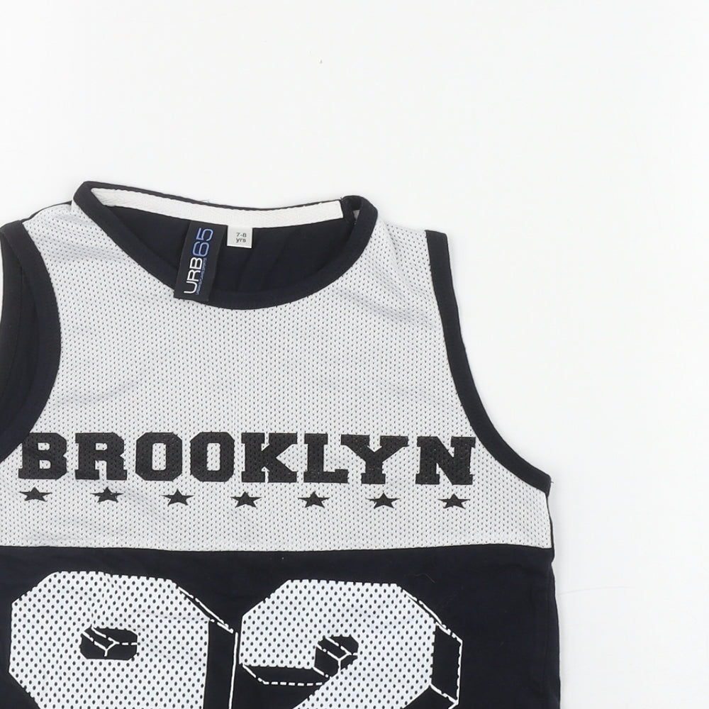 Close-up detail of URB boys’ black cotton basic tank, size 7-8, years scoop neck pullover