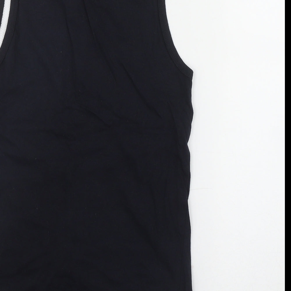 Brand and care label for URB boys’ black cotton basic tank, size 7-8, years scoop neck pullover