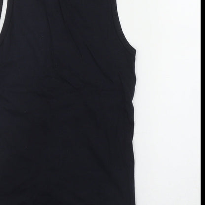 Brand and care label for URB boys’ black cotton basic tank, size 7-8, years scoop neck pullover