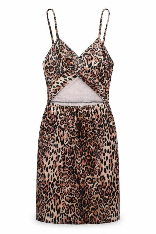 Front view of IX London women’s brown animal print polyester bodycon, size UK 8, v-neck pullover