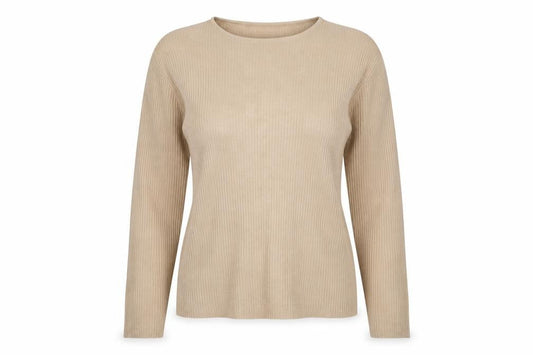 Front view of Bonmarché women’s beige round neck acrylic jumper, size M