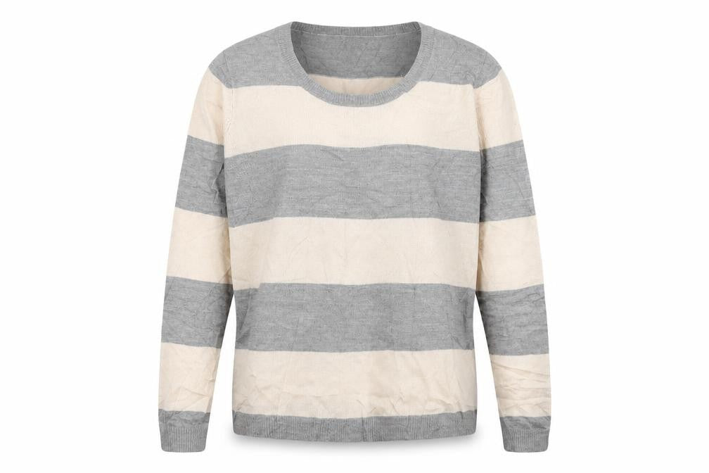 Front view of Papaya women’s grey round neck striped acrylic jumper, size UK 14