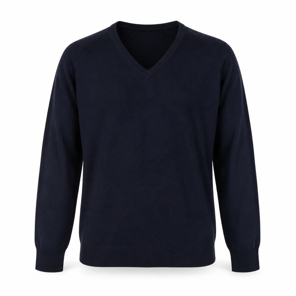 Front view of Greenwoods men’s blue v-neck acrylic jumper, size XL