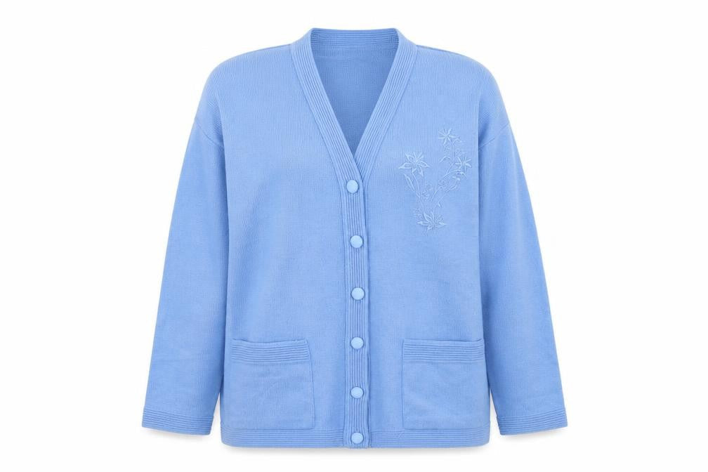 Front view of Care women’s blue v-neck polyester cardigan jumper, size L