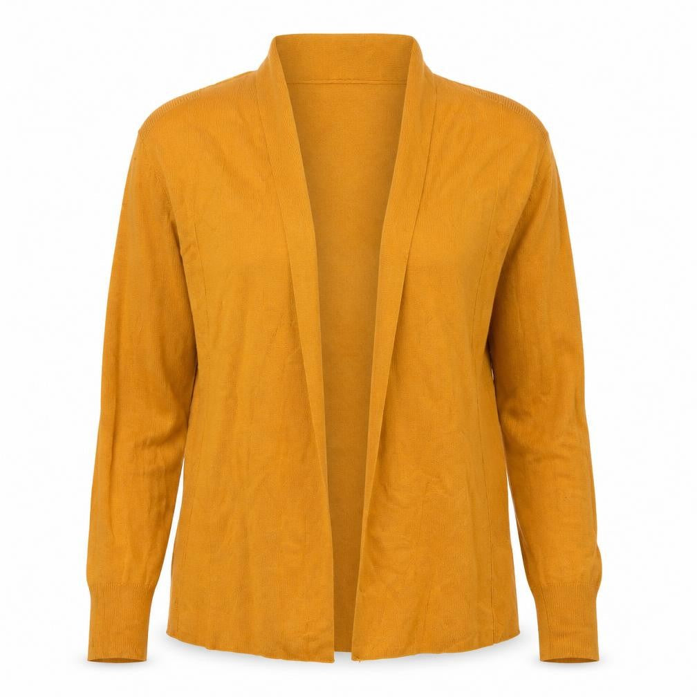 Front view of Primark women’s yellow viscose cardigan jumper, size UK 4