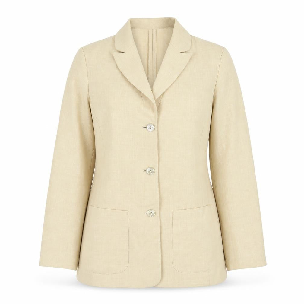 Front view of Focus women’s beige jacket, size UK 12, button