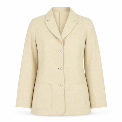 Front view of Focus women’s beige jacket, size UK 12, button