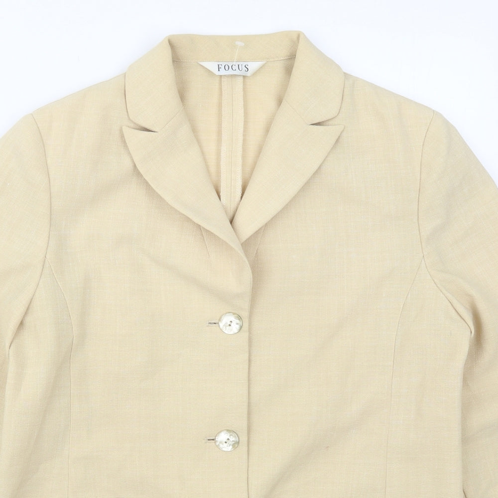 Close-up detail of Focus women’s beige jacket, size UK 12, button