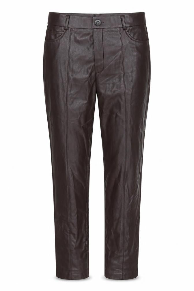 Front view of Preworn women’s brown polyurethane trousers, size UK 27, in, 29-inch leg regular button
