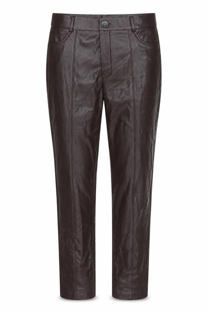 Front view of Preworn women’s brown polyurethane trousers, size UK 27, in, 29-inch leg regular button