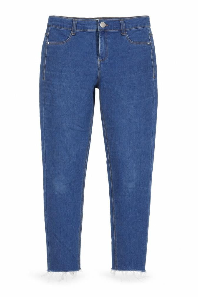 Front view of Dorothy Perkins women’s blue cotton skinny jeans, size UK 10, 25-inch leg regular button