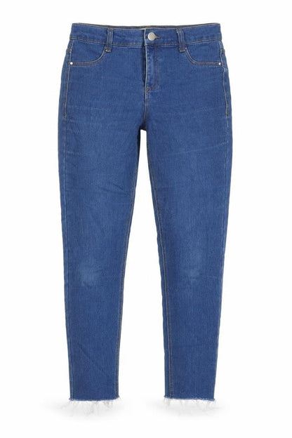 Front view of Dorothy Perkins women’s blue cotton skinny jeans, size UK 10, 25-inch leg regular button