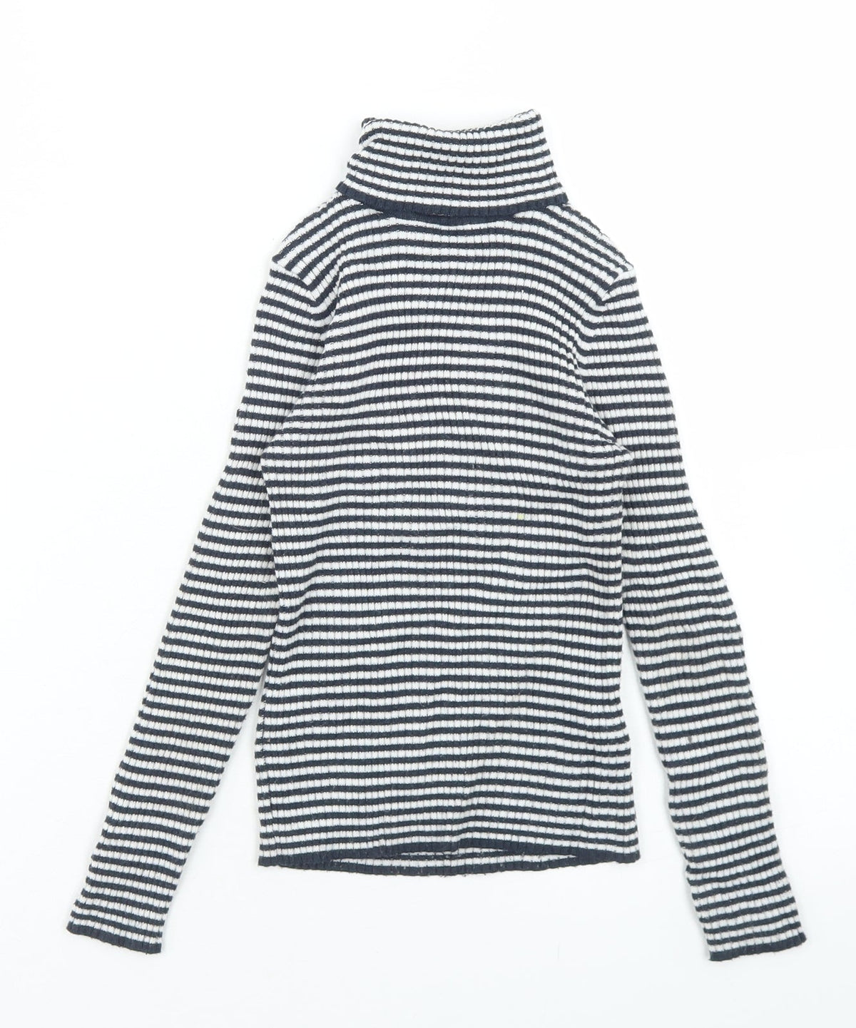 Additional front view of Next girls’ blue striped polyester basic t-shirt, size 7, years roll neck
