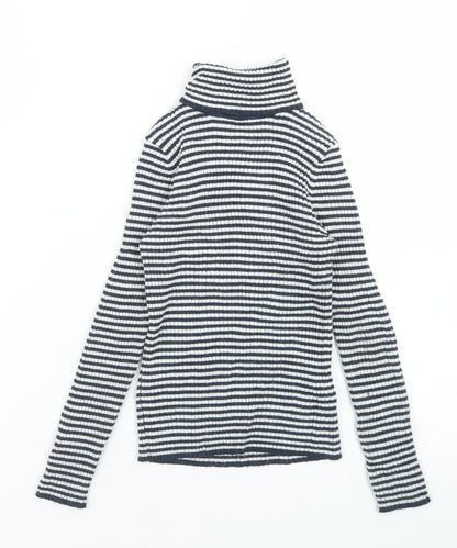 Additional front view of Next girls’ blue striped polyester basic t-shirt, size 7, years roll neck